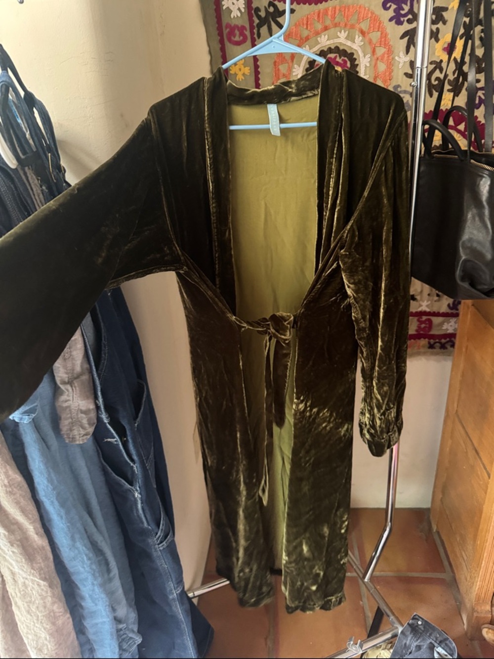 Velvet Tie-Waist Robe in Olive Green - Women Intimates & Sleepwear